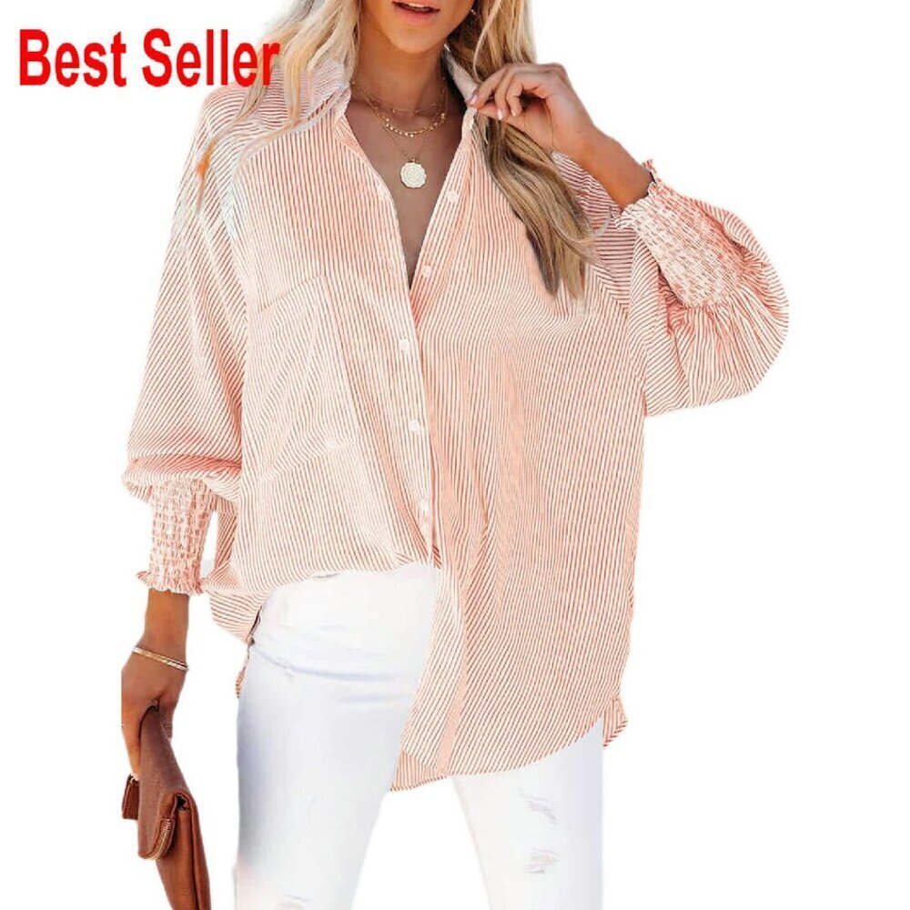 Oversized Button Down Blouse Smocked Cuffs Striped Boyfriend Shirt Chic Casual